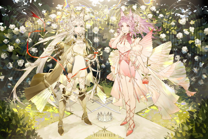 2020 2girls absurdres animal_ears bangs crown dress flower hair_flower hair_ornament highres long_hair multiple_girls original pink_eyes pink_footwear ponytail puffy_sleeves purple_hair red_ribbon ribbon rose smile strap sword twintails weapon white_dress white_hair yuji_(fantasia)