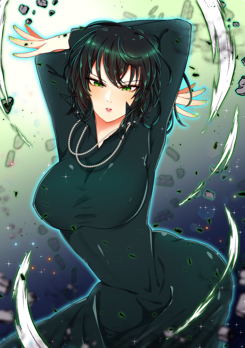 1girl absurdres black_hair bob_cut breasts dress fubuki_(one-punch_man) green_dress green_eyes highres impossible_clothes large_breasts looking_at_viewer mishima-maki one-punch_man solo taut_clothes taut_dress telekinesis