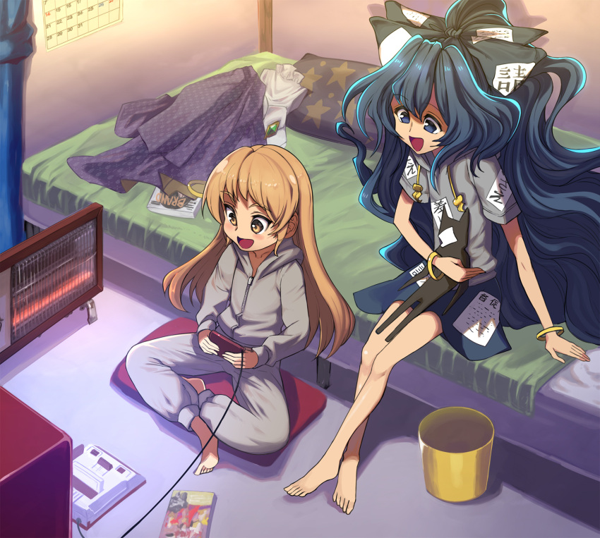 2girls :d alternate_costume alternate_hair_length alternate_hairstyle arm_support bangle bangs bare_legs barefoot bed blue_bow blue_eyes blue_hair blue_skirt blush bow bracelet brown_eyes brown_hair calendar_(object) collarbone commentary_request debt drawstring eyebrows_visible_through_hair game_console grey_hoodie grey_jacket grey_pants hair_bow hair_down highres holding holding_stuffed_animal hood hooded_jacket hoodie indian_style indoors jacket jewelry long_hair long_sleeves miniskirt multiple_girls no_hat no_headwear open_mouth pants pillow shope short_sleeves siblings sisters sitting skirt smile star star_print stuffed_animal stuffed_cat stuffed_toy touhou very_long_hair yorigami_jo'on yorigami_shion