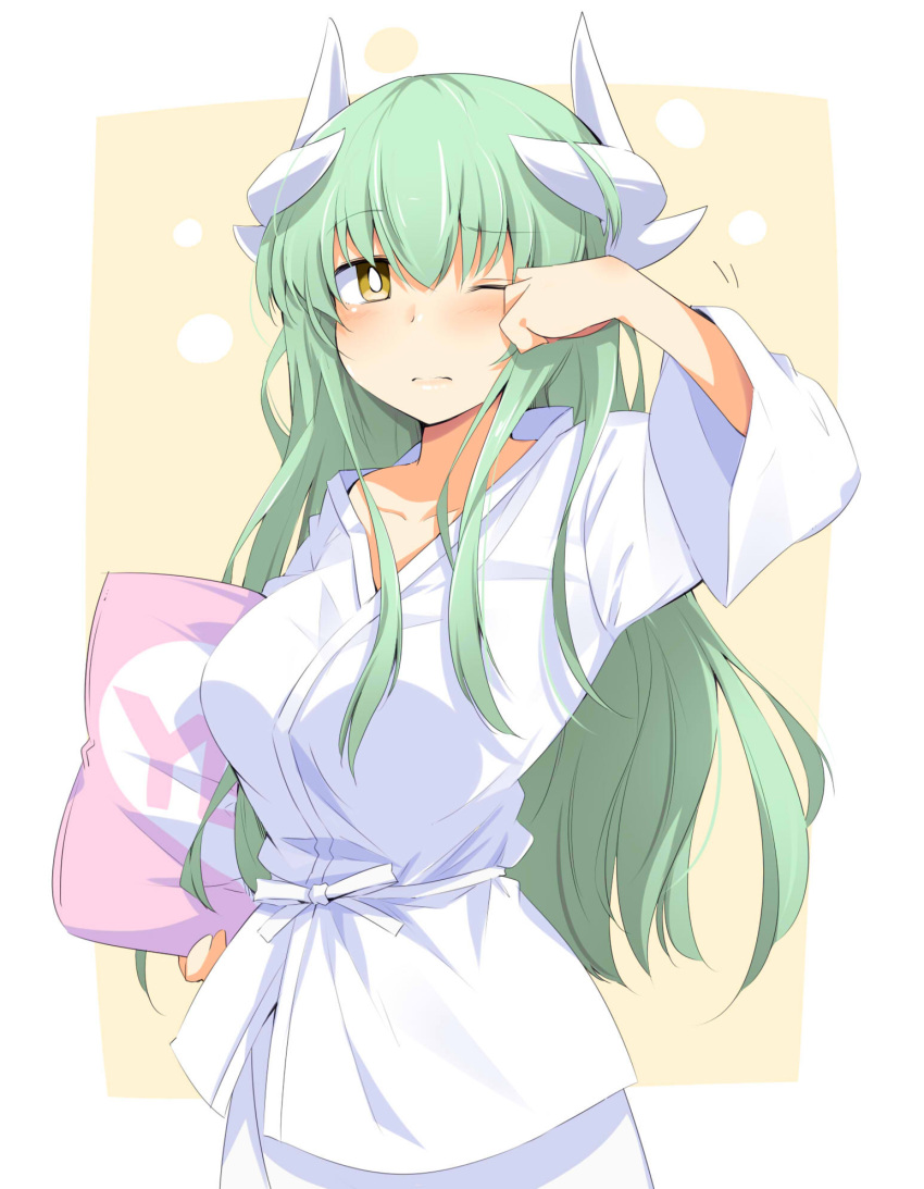 1girl bangs blush breasts chata_maru_(irori_sabou) commentary_request dragon_horns eyebrows_visible_through_hair fate/grand_order fate_(series) green_hair hair_between_eyes highres holding horns jacket kiyohime_(fate/grand_order) large_breasts long_hair looking_at_viewer solo very_long_hair white_jacket yellow_eyes