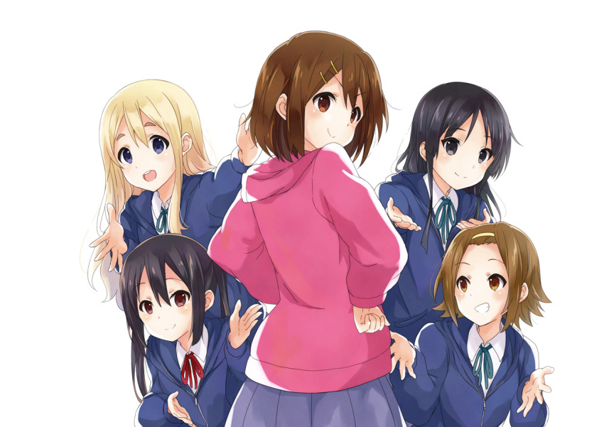 5girls akiyama_mio alternate_costume arms_up black_hair blazer blonde_hair blue_eyes blue_jacket blue_skirt brown_eyes brown_hair commentary dress_shirt from_behind green_neckwear grin hair_between_eyes hair_ornament hairband hairclip hands_on_hips hirasawa_yui hood hood_down jacket k-on! komugiko kotobuki_tsumugi long_hair long_sleeves looking_at_viewer looking_back multiple_girls nakano_azusa neck_ribbon pink_hoodie pleated_skirt red_neckwear ribbon sakuragaoka_high_school_uniform school_uniform shirt short_hair skirt smile standing tainaka_ritsu thick_eyebrows white_shirt