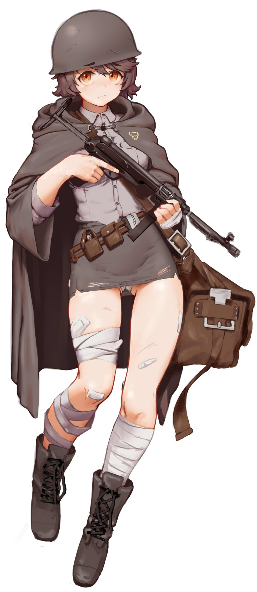 1girl absurdres bandaged_leg bandages blush boots brown_eyes brown_hair eyebrows_visible_through_hair eyebrows_visible_through_hat greentree gun helmet highres last_origin looking_at_viewer miniskirt mp40 skirt solo submachine_gun t-50_px_silky weapon