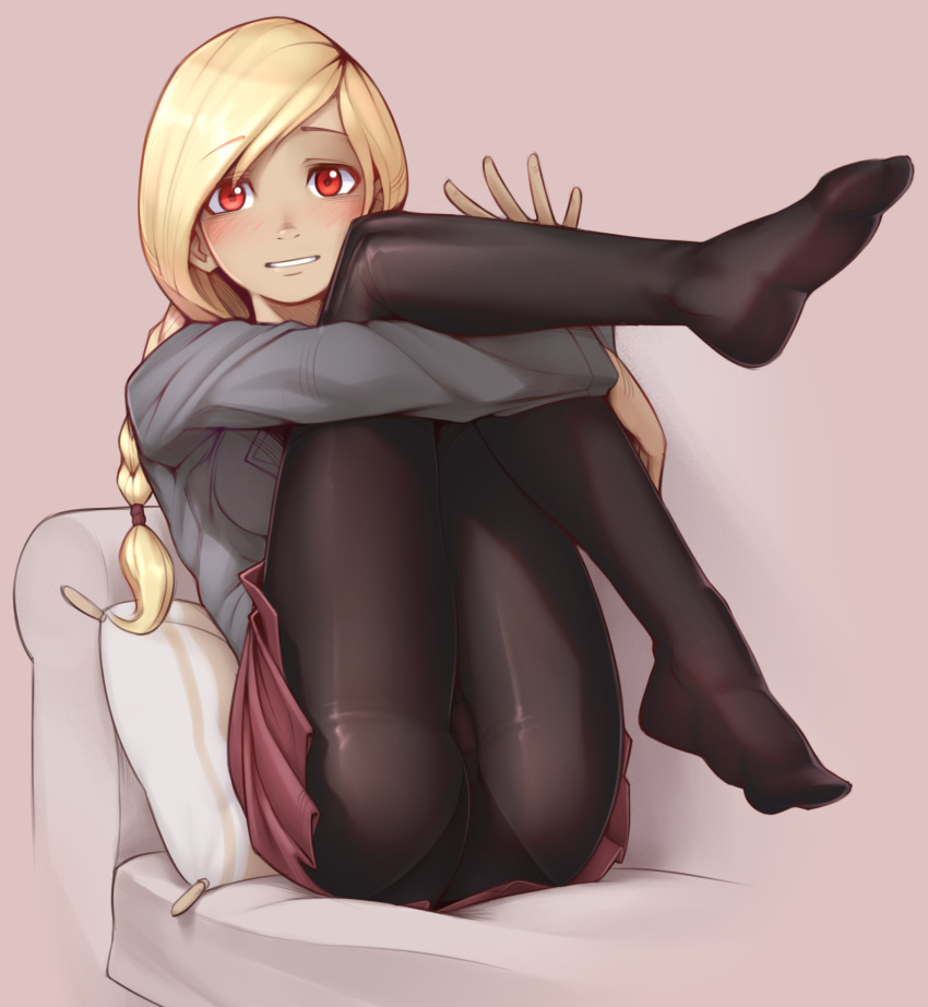 1girl bangs blonde_hair blush braided_ponytail breasts brown_background couch dark_skin english_commentary eyebrows_visible_through_hair full_body gravity_daze grey_shirt highres kitten_(gravity_daze) knees_on_chest knees_to_chest knees_together_feet_apart knees_up leg_hug legs legs_together legs_up long_hair long_sleeves looking_at_viewer medium_breasts nickleflick no_shoes pantyhose pillow pleated_skirt red_eyes red_skirt school_uniform shirt simple_background sitting skirt solo