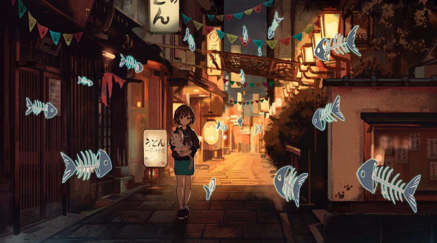 1girl black_footwear brown_hair carrying cat fish_skeleton flag green_skirt hair_ornament hairclip highres miniskirt night original paw_print road shio_(s_alt_shio) short_hair skirt solo street white_cat white_legwear