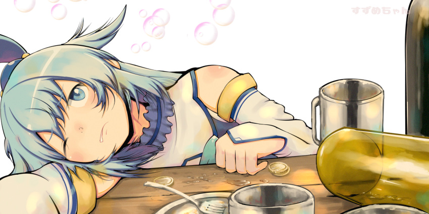 1girl alcohol amasuzume aqua_(konosuba) aqua_eyes aqua_hair artist_name bubble clenched_teeth coin collar cup detached_sleeves fork frilled_collar frills hair_bobbles hair_ornament hair_rings head_rest highres kono_subarashii_sekai_ni_shukufuku_wo! long_hair looking_at_viewer one_eye_closed plate simple_background solo table teeth white_background