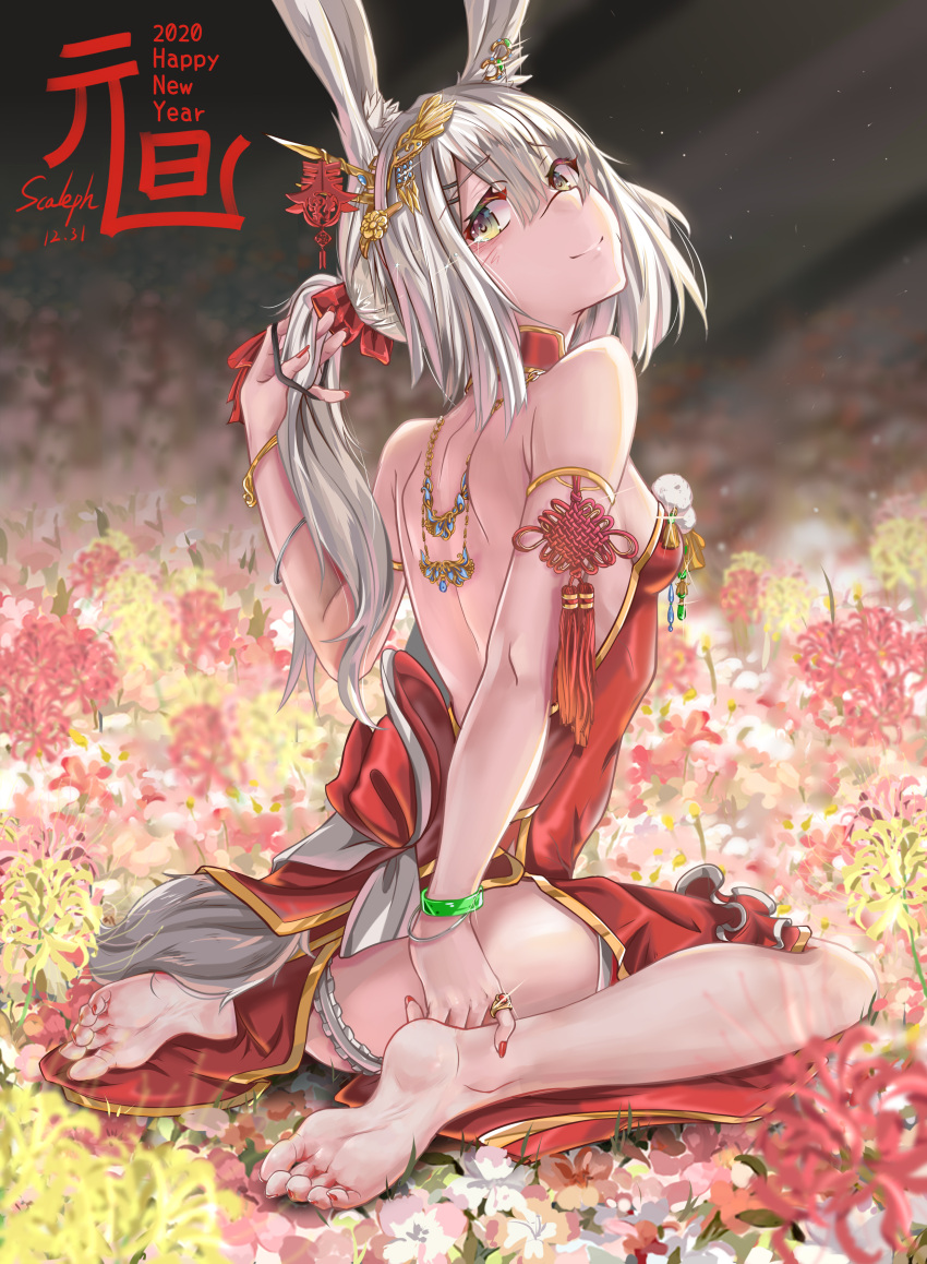 1girl absurdres animal_ears arknights armlet ass back bangs bare_shoulders barefoot blush bracelet breasts bunny_tail china_dress chinese_clothes dress earrings flower frostnova_(arknights) hair_ornament highres jewelry long_hair ponytail rabbit_ears red_nails ring scaleph silver_hair sitting smile solo tail tears wariza yellow_eyes