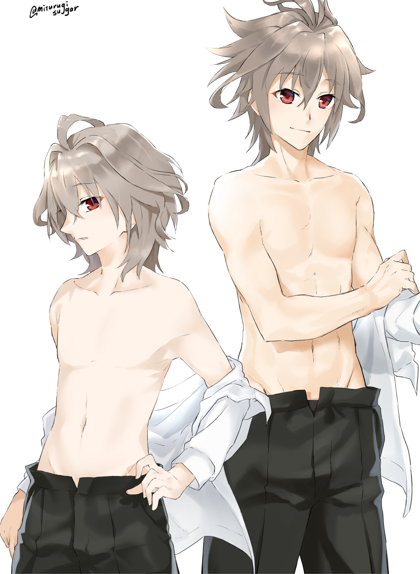1boy absurdres fate/apocrypha fate_(series) grey_hair hair_between_eyes highres looking_at_viewer male_focus mithurugi-sugar navel open_mouth pants red_eyes sieg_(fate/apocrypha) simple_background smile topless white_background