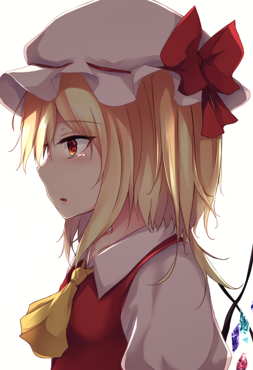 1girl ascot blonde_hair blush bow collared_shirt commentary_request crystal fang flandre_scarlet hat hat_bow highres kashiwagi_yamine looking_away mob_cap one_side_up parted_lips profile puffy_sleeves red_bow red_eyes red_vest shirt simple_background solo tears touhou upper_body vest white_background white_headwear white_shirt wings yellow_neckwear