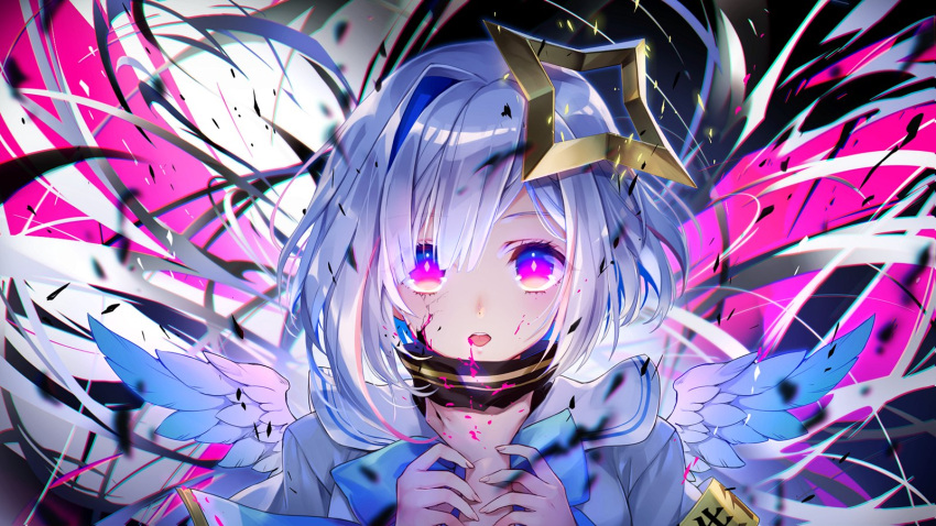 1girl amane_kanata angel_wings armband blood commentary_request glowing glowing_eyes hair_ornament highres hololive looking_at_viewer open_mouth portrait shirt short_hair silver_hair solo violet_eyes virtual_youtuber wings