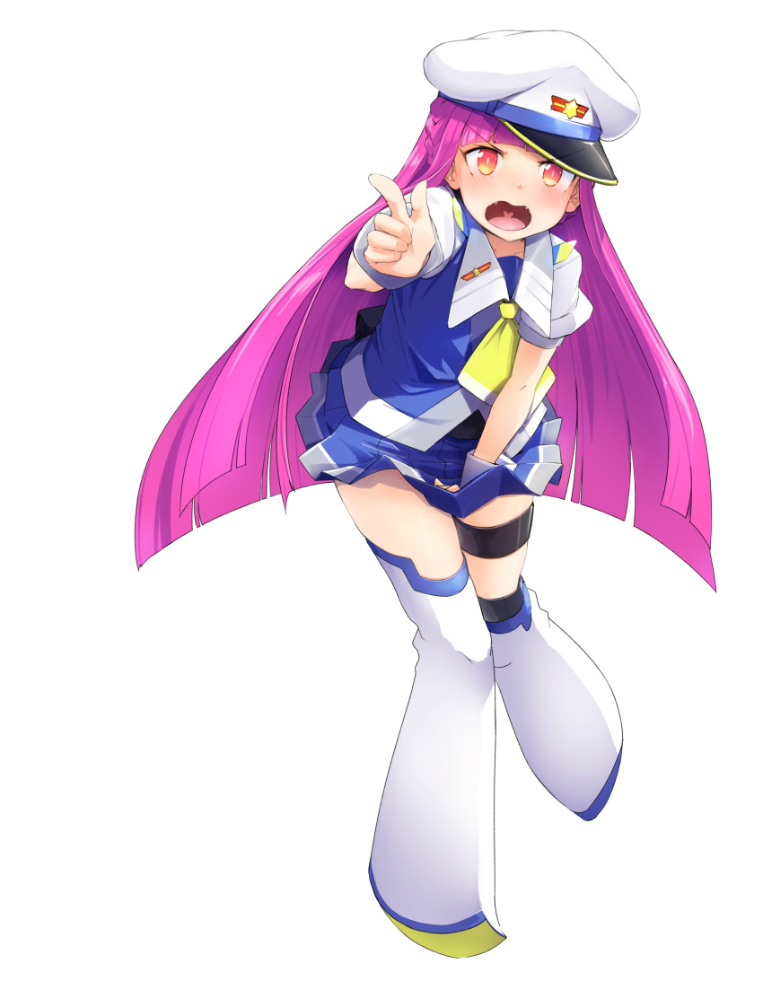 &gt;:o 1girl absurdres blush character_request commentary_request copyright_request fangs full_body hat highres long_hair looking_at_viewer momo_(higanbana_and_girl) necktie orange_eyes pleated_skirt pointing pointing_at_viewer purple_hair simple_background skirt standing standing_on_one_leg thigh_strap white_background wrist_cuffs
