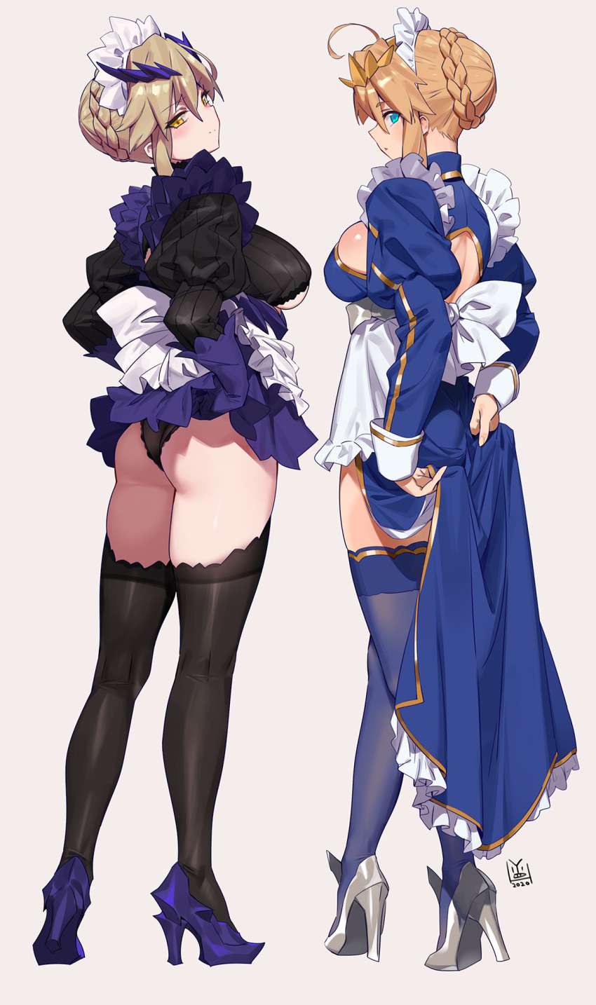 alternate_costume apron artoria_pendragon_(all) artoria_pendragon_(lancer) artoria_pendragon_(lancer_alter) bangs blush braid breasts enmaided fate/grand_order fate_(series) french_braid hair_between_eyes highres large_breasts long_hair looking_at_viewer maid maid_headdress puffy_sleeves sidelocks simple_background smile white_background yang-do yellow_eyes