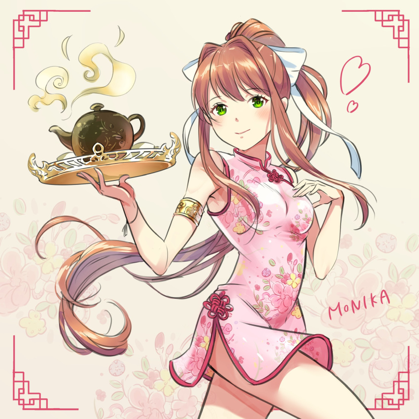 1girl akikoyama alternate_costume armlet bangs bare_shoulders breasts brown_hair character_name china_dress chinese_clothes cowboy_shot doki_doki_literature_club dress eyebrows_visible_through_hair floral_background floral_print green_eyes hair_ribbon hand_on_own_chest heart highres holding holding_tray long_hair looking_at_viewer medium_breasts monika_(doki_doki_literature_club) pink_dress ponytail print_dress ribbon short_dress side_slit sidelocks simple_background sleeveless sleeveless_dress smile solo teapot tray very_long_hair white_ribbon
