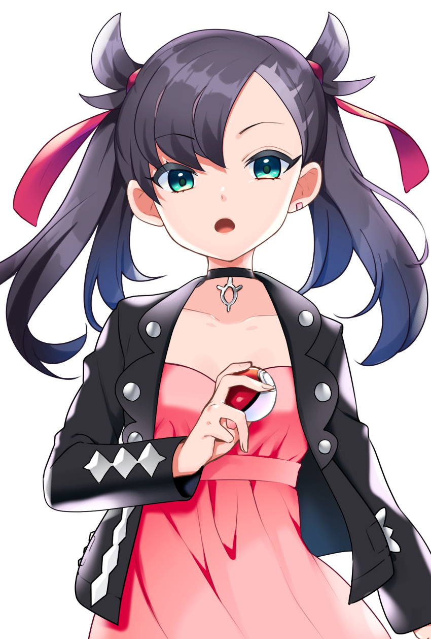 1girl aqua_eyes asymmetrical_bangs asymmetrical_hair bangs black_hair black_jacket breasts choker collarbone commentary_request dress earrings eyebrows_visible_through_hair hair_ribbon highres holding holding_poke_ball jacket jewelry long_sleeves looking_at_viewer mary_(pokemon) open_clothes pink_dress poke_ball pokemon pokemon_(game) pokemon_swsh red_ribbon ribbon simple_background solo twintails white_background yuihiko