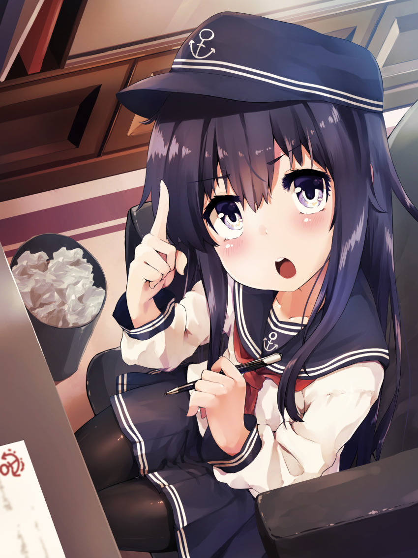 akatsuki_(kantai_collection) anchor_symbol black_hair black_legwear black_sailor_collar black_skirt chair commentary_request from_above hair_between_eyes highres indoors kantai_collection long_hair looking_at_viewer neckerchief pantyhose paper pencil pleated_skirt red_neckwear sailor_collar school_uniform serafuku sitting skirt taisho_(gumiyuki) trash_can violet_eyes