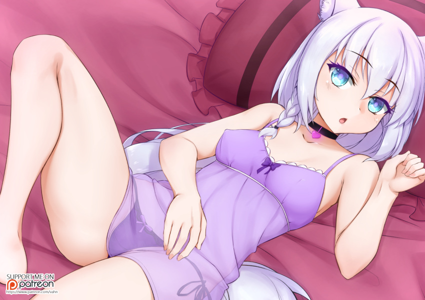 1girl ahoge animal_ear_fluff animal_ears artist_name bangs bare_shoulders black_panties blush braid breasts collarbone commentary eyebrows_visible_through_hair fox_ears fox_tail hair_between_eyes hololive long_hair looking_at_viewer lying medium_breasts on_back open_mouth panties patreon_logo pillow see-through shirakami_fubuki solo tail underwear vahn_yourdoom virtual_youtuber watermark web_address white_hair