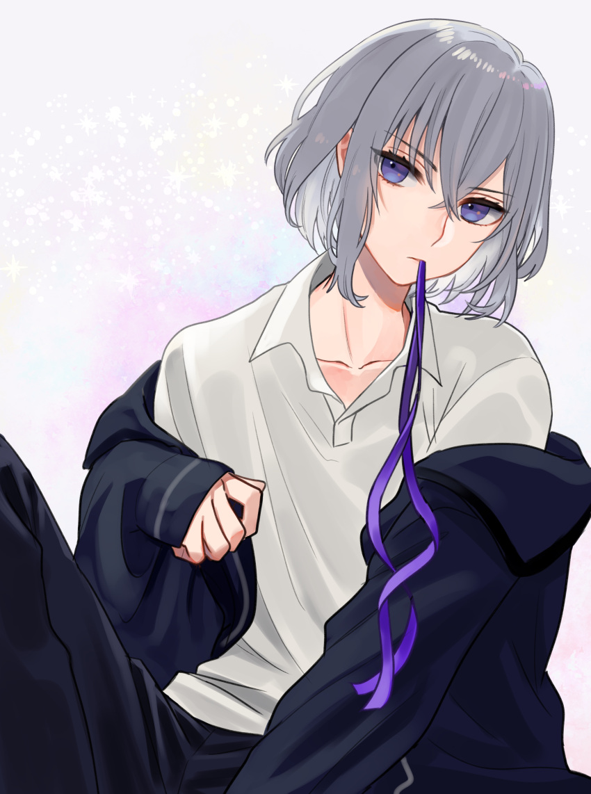 1boy absurdres asuma_(hanezu) collared_shirt highres honebami_toushirou male_focus mouth_hold off_shoulder pants ribbon shirt sitting sparkle touken_ranbu track_pants violet_eyes white_hair