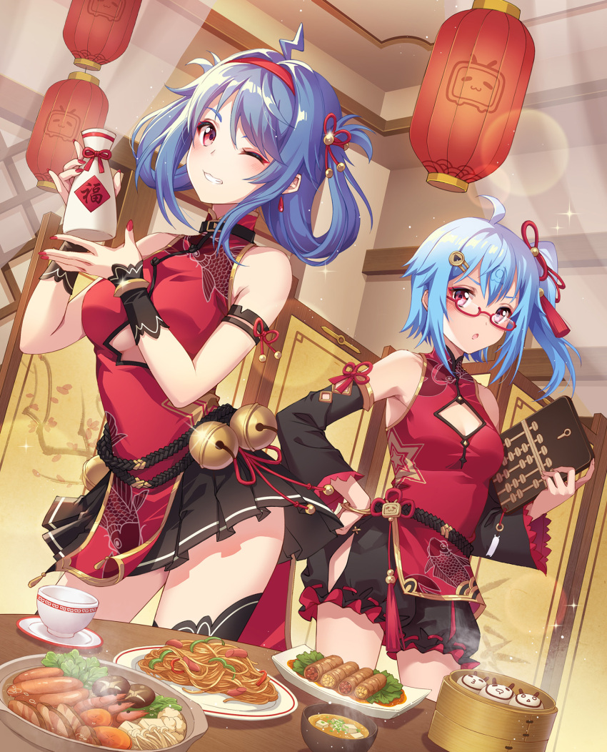 2girls ahoge bamboo_steamer baozi bare_shoulders bell bili_girl_22 bili_girl_33 bilibili_douga black_legwear black_skirt blue_hair blush breasts carminar china_dress chinese_clothes cup dress food grin hair_rings hairband hand_on_hip hands_up highres holding indoors jingle_bell lantern medium_breasts multiple_girls one_eye_closed one_side_up paper_lantern parted_lips plate pleated_skirt red_dress red_eyes red_hairband red_nails saucer skirt sleeveless sleeveless_dress small_breasts smile thigh-highs wrist_cuffs