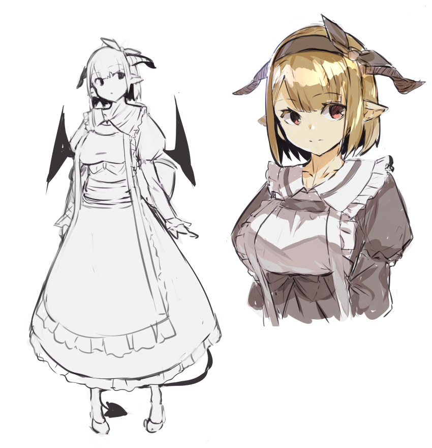 1girl :o apron bangs blush breasts brown_hair brown_hairband closed_mouth collared_dress commentary_request cropped_torso curled_horns demon_girl demon_horns demon_tail demon_wings dress eyebrows_visible_through_hair frilled_apron frilled_dress frills grey_dress hairband highres horns juliet_sleeves long_sleeves medium_breasts multiple_views original parted_lips puffy_sleeves red_eyes shoes simple_background standing tail white_apron white_background wings yuuji_(yukimimi)