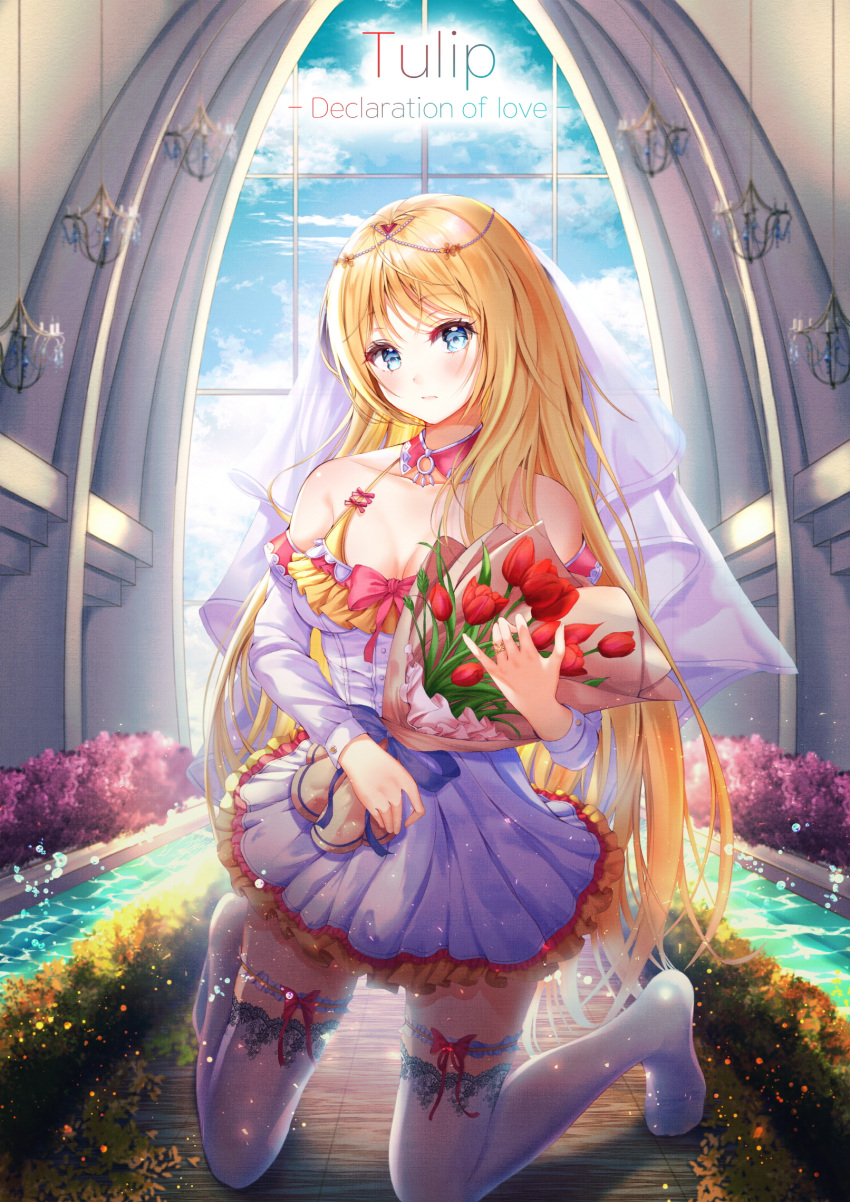 1girl bare_shoulders blonde_hair blue_eyes bouquet breasts byn6 closed_mouth clouds collarbone commentary_request day detached_collar dress flower hair_ornament highres holding holding_bouquet indoors kneeling light_particles long_hair long_sleeves looking_at_viewer medium_breasts no_shoes original red_flower solo thigh-highs tulip very_long_hair water white_dress white_legwear zettai_ryouiki