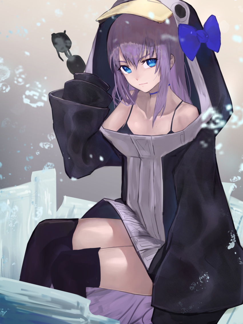 1girl absurdres aito animal_hood bangs bare_shoulders blue_eyes breasts choker closed_mouth collarbone commentary_request fate/grand_order fate_(series) highres hood long_hair long_sleeves looking_at_viewer meltryllis meltryllis_(swimsuit_lancer)_(fate) purple_hair ribbon sleeves_past_fingers sleeves_past_wrists small_breasts solo sunglasses swimsuit very_long_hair