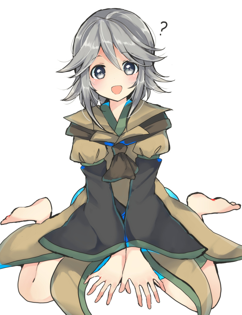 1other ? androgynous barefoot blush bow brown_coat coat highres houlen_yabusame len'en open_mouth short_hair short_hair_with_long_locks shorts silver_hair sitting smile solo