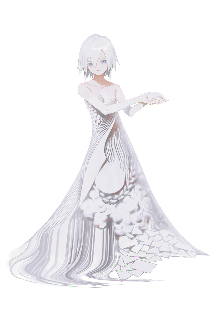 1girl bare_shoulders dress grey_eyes hair_between_eyes highres original paper reoen short_hair simple_background solo strapless strapless_dress white_background white_dress white_eyes white_hair