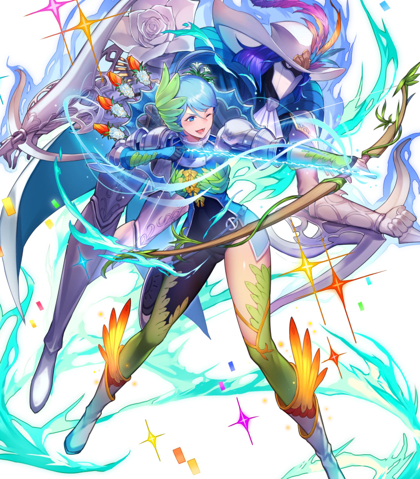1girl ahoge armor armored_boots arrow blue_eyes blue_hair boots bow bow_(weapon) bowtie crossbow earrings feathers fire_emblem fire_emblem_heroes flower full_body gen'ei_ibunroku_sharp_fe gloves hair_ornament hat highres jewelry kakage leaf official_art one_eye_closed open_mouth quiver sparkle teeth thigh-highs transparent_background virion_(fire_emblem) weapon yumizuru_eleanora