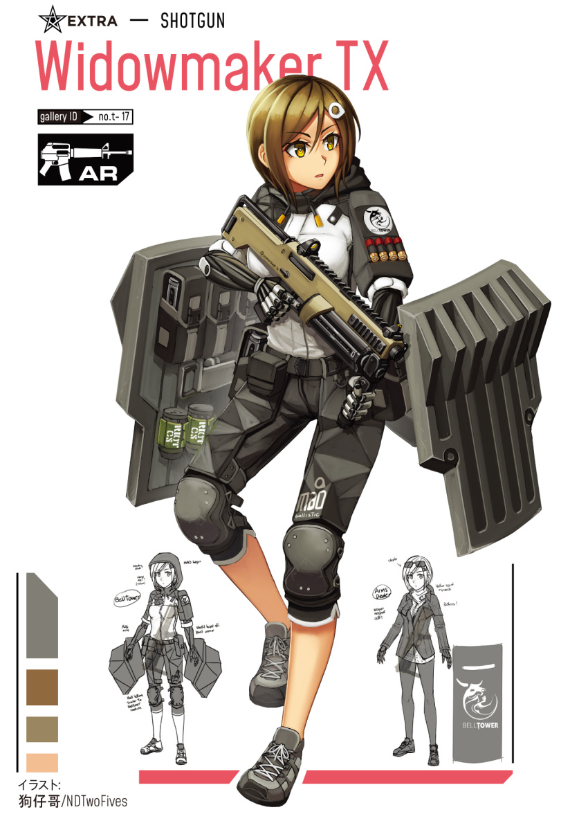 1girl bangs black_shorts breasts brown_eyes brown_hair character_name cmmia color_guide commentary_request dress eyewear_on_head girls_frontline grey_footwear gun hair_between_eyes hair_ornament highres holding holding_gun holding_weapon hood hood_down hood_up hooded_jacket jacket knee_pads looking_away medium_breasts multiple_views ndtwofives original pantyhose parted_bangs parted_lips shoes short_dress short_hair shorts shotgun standing star sunglasses v-shaped_eyebrows weapon white_background white_jacket widowmaker_tx