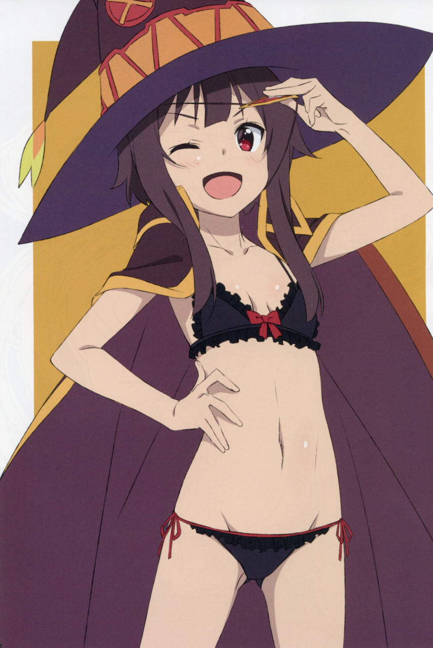 1girl absurdres black_cape black_hair black_panties bow bow_bra bra breasts cape eyepatch happy hat highres kono_subarashii_sekai_ni_shukufuku_wo! looking_at_viewer megumin navel one_eye_closed open_mouth panties red_eyes scan short_hair short_hair_with_long_locks side-tie_panties small_breasts smile solo underwear witch_hat yamamoto_shuuhei