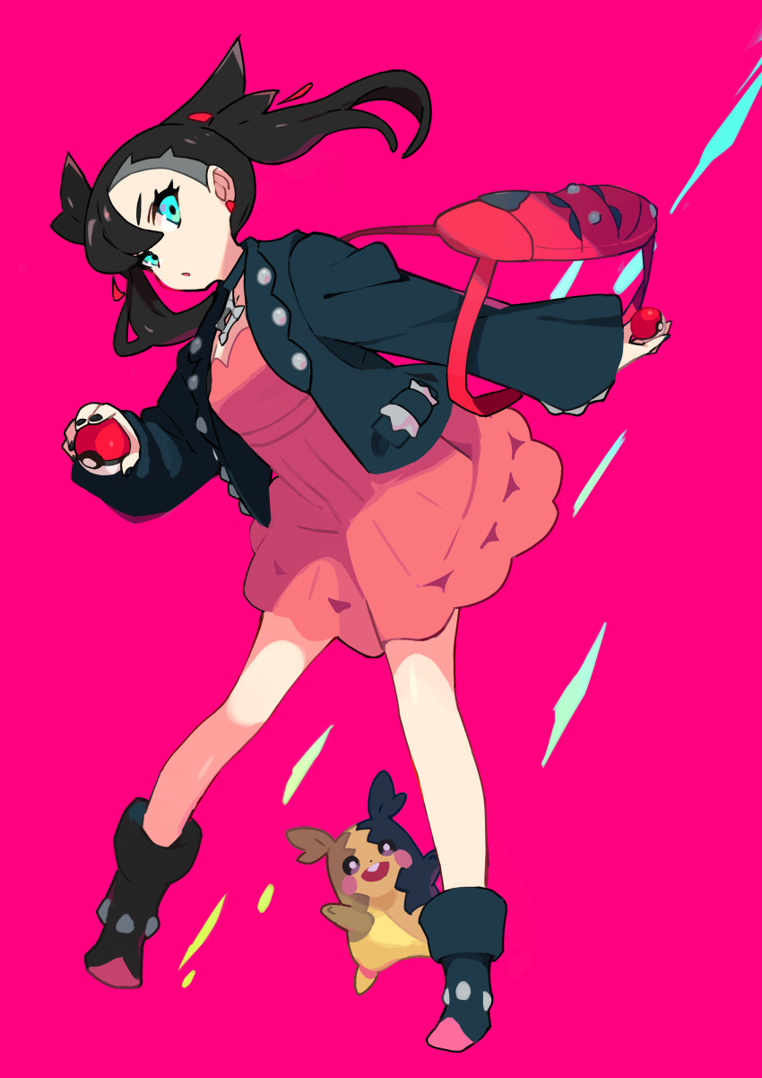 1girl absurdres aqua_eyes asymmetrical_bangs asymmetrical_hair backpack bag bangs black_choker black_footwear black_hair black_jacket black_nails choker closed_mouth commentary dress earrings full_body gen_8_pokemon hair_ribbon highres holding holding_poke_ball jacket jewelry kurumitsu leaning_forward long_sleeves looking_at_viewer mary_(pokemon) morpeko nail_polish open_clothes open_jacket parted_lips pendant pink_background pink_dress pointy_shoes poke_ball poke_ball_(generic) pokemon pokemon_(game) pokemon_swsh red_ribbon ribbon shoes solo standing twintails undercut