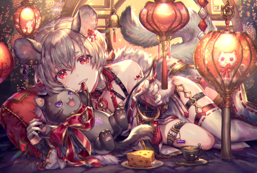 1boy animal_ears bangs bell bishounen biting cat chinese_zodiac chromatic_aberration claw_pose collarbone commentary_request crossed_bangs cup eyebrows_visible_through_hair fangs gloves grey_hair half_gloves lamp lampion looking_at_viewer lying male_focus on_side open_mouth original otoko_no_ko paws pillow plate purple_sclera rat_ears red_eyes red_ribbon ribbon shigaraki_(strobe_blue) short_hair shoulder_tattoo sidelocks single_thighhigh smile solo_focus sweatdrop swiss_cheese tail tareme tattoo tea teacup thick_eyebrows thigh-highs thigh_strap thighs whiskers white_gloves window year_of_the_rat