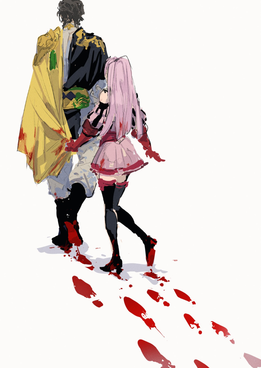 1boy 1girl back black_footwear black_legwear blood bloody_clothes boots brown_hair cape cape_grab claude_von_riegan detached_sleeves dress fire_emblem fire_emblem:_three_houses footprints full_body gloves highres hilda_valentine_goneril long_hair ogata_tomio pants pink_dress pink_hair ponytail red_gloves short_dress shoulder_armor simple_background straight_hair thigh-highs thigh_boots thighs traditional_media walking white_background zettai_ryouiki