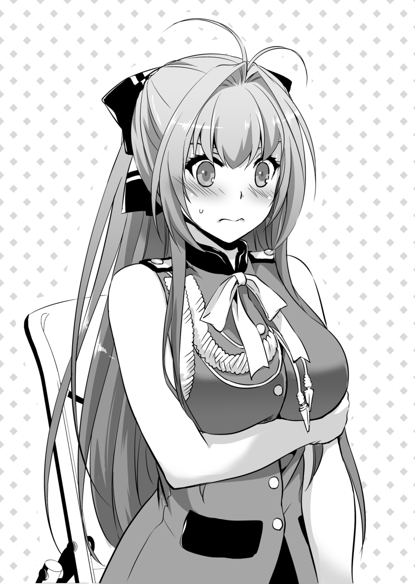 1girl amagi_brilliant_park antenna_hair blush bow breasts closed_mouth embarrassed greyscale hair_bow hair_intakes highres large_breasts long_hair monochrome nakajima_yuka neck_ribbon novel_illustration official_art ribbon sento_isuzu sidelocks sleeveless sleeveless_jacket solo standing sweatdrop upper_body very_long_hair