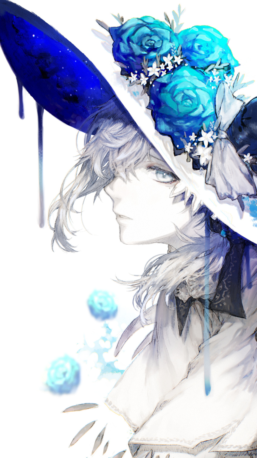 1boy ameiro aqua_flower blue_eyes bow capelet dripping flower fringe_trim from_side hat hat_bow hat_flower highres kanae_(nijisanji) liquid looking_at_viewer male_focus medium_hair nijisanji pale_skin portrait profile rose simple_background solo starry_sky_print virtual_youtuber white_background white_headwear witch_hat