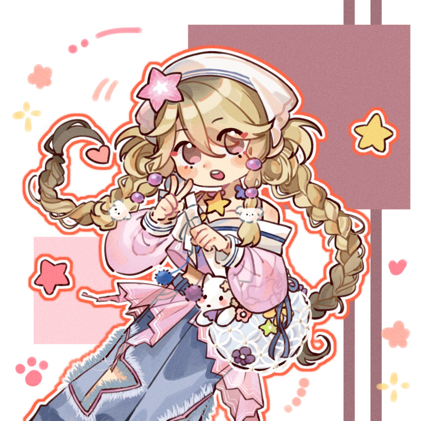 1girl absurdres baby_animal bag baggy_pants belt blonde_hair blue_bag blue_belt blue_pants blush_stickers border bra_strap braid brooch brown_eyes chinese_commentary clenched_hand clothing_cutout cloud_tattoo collarbone commentary_request cropped_shirt deformed denim dog dog_hair_ornament dot_nose eyelashes eyes_visible_through_hair feet_out_of_frame floating_hair hair_between_eyes hair_bobbles hair_ornament happy headscarf heart highres jacket jeans jewelry leg_cutout long_hair long_sleeves looking_at_viewer low_twin_braids midriff miniskirt miracle_nikki motion_lines neck_tattoo nikki_(series) off-shoulder_shirt off_shoulder open_clothes open_jacket open_mouth orange_border pants pants_under_skirt paw_print pink_jacket pink_skirt pleated_skirt puffy_long_sleeves puffy_sleeves puppy purple_shirt see-through_clothes see-through_sleeves shirt shoulder_bag showgirl_skirt skirt solo sparkle standing star_(symbol) star_brooch star_cutout starfish_hair_ornament sweetheart_puppy_patrol_(miracle_nikki) tattoo teeth twin_braids two-tone_shirt upper_teeth_only v very_long_hair white_background white_dog white_headscarf white_shirt yanshi987