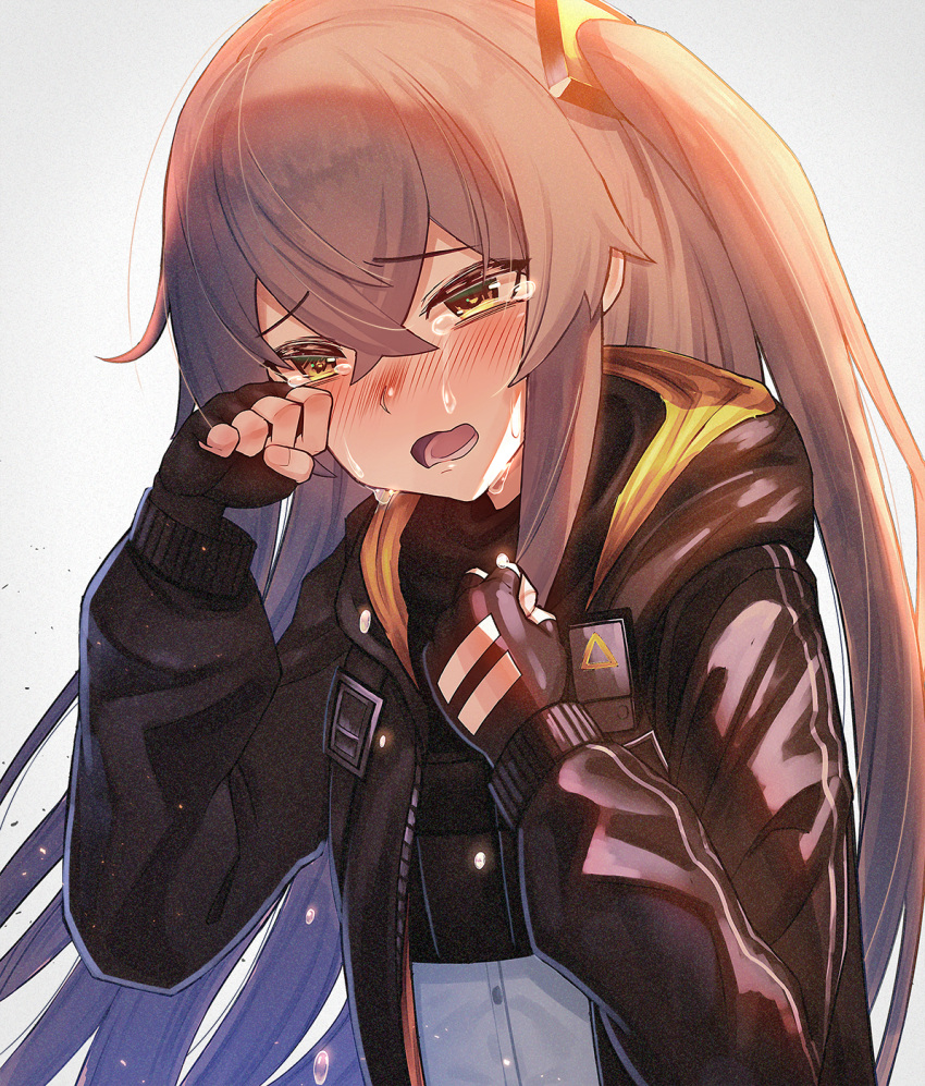 1girl bangs black_gloves black_jacket blush brown_hair dakunesu eyebrows_visible_through_hair fingerless_gloves girls_frontline gloves hair_ornament hairclip hand_on_own_face highres jacket long_hair looking_down open_clothes open_jacket open_mouth solo tears twintails ump45_(girls'_frontline) upper_body white_background yellow_eyes