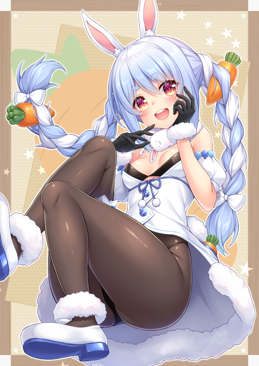 1girl :d absurdres animal_ears bangs bare_shoulders black_gloves black_leotard blue_hair blush bow braid breasts brown_legwear bunny-shaped_pupils carrot_hair_ornament commentary_request detached_sleeves don-chan_(usada_pekora) dress eyebrows_visible_through_hair food-themed_hair_ornament fur-trimmed_dress fur-trimmed_gloves fur_trim gloves hair_between_eyes hair_bow hair_ornament hands_up highres hololive leotard long_hair looking_at_viewer multicolored_hair pantyhose puffy_short_sleeves puffy_sleeves rabbit_ears rabbit_girl rabbit_tail red_eyes shoes short_eyebrows short_sleeves small_breasts smile solo strapless strapless_dress strapless_leotard symbol-shaped_pupils tail teeth thick_eyebrows twin_braids twintails two-tone_hair upper_teeth usada_pekora very_long_hair virtual_youtuber wakagi_repa white_bow white_dress white_footwear white_hair white_sleeves