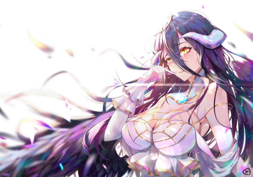 1girl absurdres albedo bare_shoulders black_hair black_wings breasts crying crying_with_eyes_open demon_girl demon_horns dress elbow_gloves feathered_wings feathers gloves hair_between_eyes hair_over_breasts hair_over_shoulder highres horns large_breasts long_hair overlord_(maruyama) smile tears white_dress wings xianyujun_sam yellow_eyes