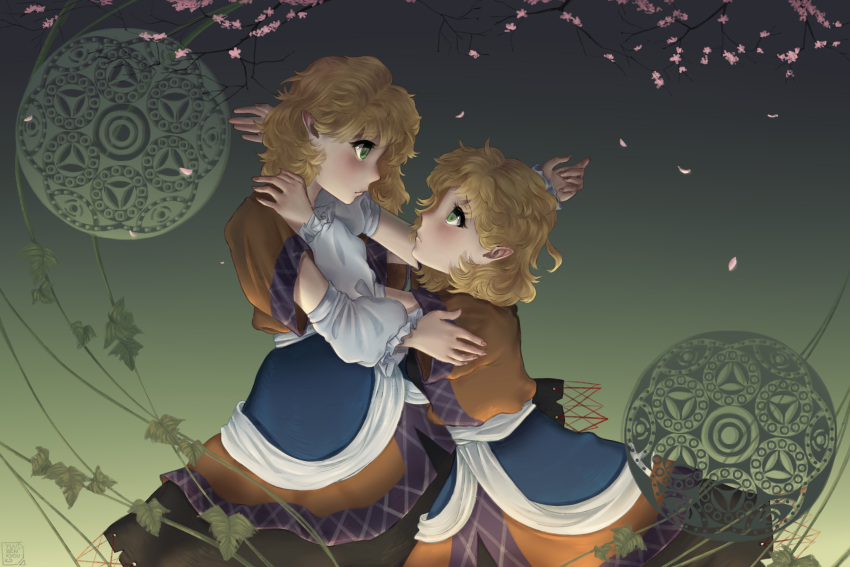 2girls arm_warmers artist_name blonde_hair cherry_blossoms clone commentary dress expressionless eye_contact eyebrows_visible_through_hair from_side gradient gradient_background green_background green_eyes hand_on_another's_shoulder highres imminent_hug layered_dress leaf looking_at_another magic_circle miko_embrace mizuhashi_parsee multiple_girls outstretched_arms parody plant pointy_ears short_hair short_sleeves touhou tree_branch vines yuuren_kyouko