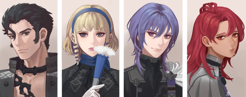 2boys 2girls abs balthus_(fire_emblem) black_hair blonde_hair cape chain closed_mouth collage constance_(fire_emblem) dark_skin earrings epaulettes fan fire_emblem fire_emblem:_three_houses garreg_mach_monastery_uniform hairband hapi_(fire_emblem) highres jewelry long_hair looking_at_viewer medium_hair midriff multicolored_hair multiple_boys multiple_girls muntjac_art open_clothes open_mouth open_shirt ornament purple_hair red_eyes redhead short_hair sideburns simple_background smile two-tone_hair uniform upper_body violet_eyes white_background yuri_(fire_emblem)