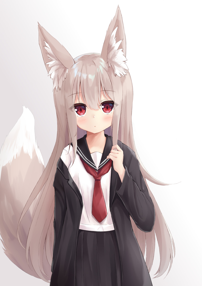 1girl animal_ear_fluff animal_ears bangs black_jacket black_sailor_collar black_skirt blush brown_hair closed_mouth commentary_request eyebrows_visible_through_hair fox_ears fox_girl fox_tail gradient gradient_background grey_background hair_between_eyes hand_up highres jacket long_hair long_sleeves looking_at_viewer necktie off_shoulder open_clothes open_jacket original pleated_skirt red_eyes red_neckwear sailor_collar sakuma_hiragi school_uniform serafuku shirt skirt solo tail tail_raised very_long_hair white_background white_shirt