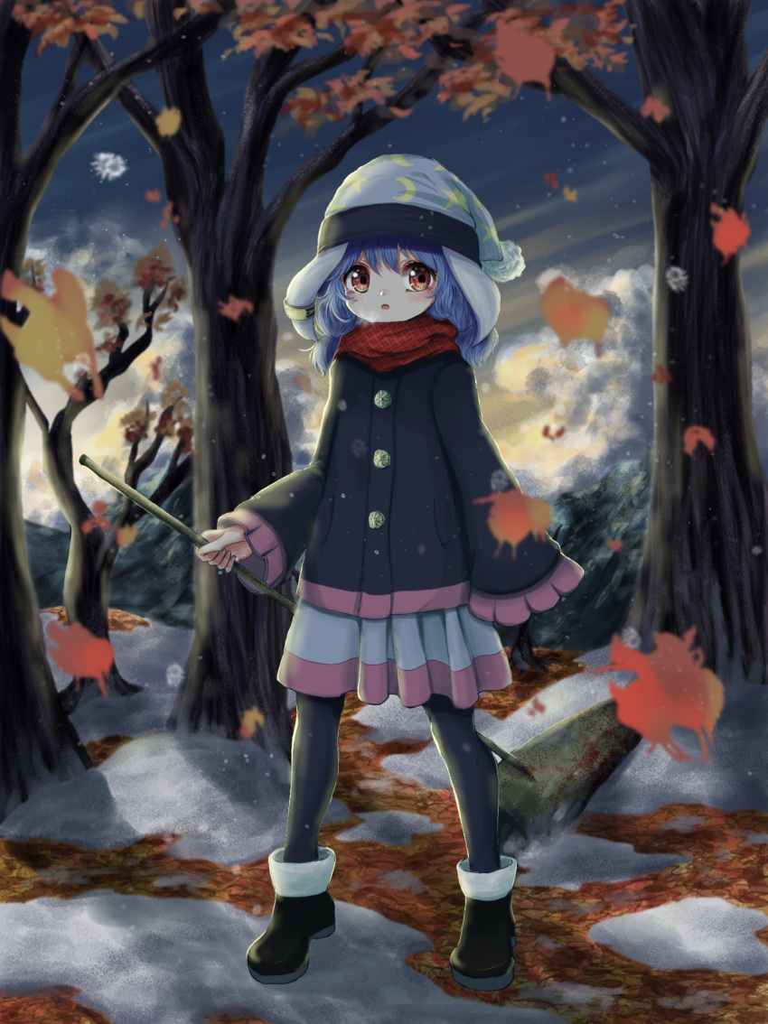 1girl :o alternate_costume ambiguous_red_liquid animal_ears ankle_boots black_footwear black_legwear blue_coat blue_hair blue_headwear blue_skirt blurry boots breath clouds coat commentary_request crescent_print depth_of_field ear_clip falling_leaves full_body gradient_sky highres holding kayon_(touzoku) kine leaf looking_at_viewer low_twintails medium_hair night night_sky outdoors pantyhose rabbit_ears red_eyes red_scarf scarf seiran_(touhou) skirt sky sleeves_past_fingers sleeves_past_wrists snow solo standing star star_(sky) star_print touhou tree twintails winter_clothes winter_coat