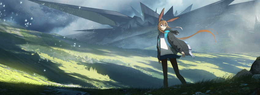 1girl absurdres amiya_(arknights) animal_ears arknights asteroid_ill bird black_legwear blue_eyes brown_hair clouds cloudy_sky commentary day field grass highres huge_filesize jacket landscape letterboxed long_hair nature outdoors pantyhose rabbit_ears scenery sky solo standing thumb_ring very_long_hair wide_shot