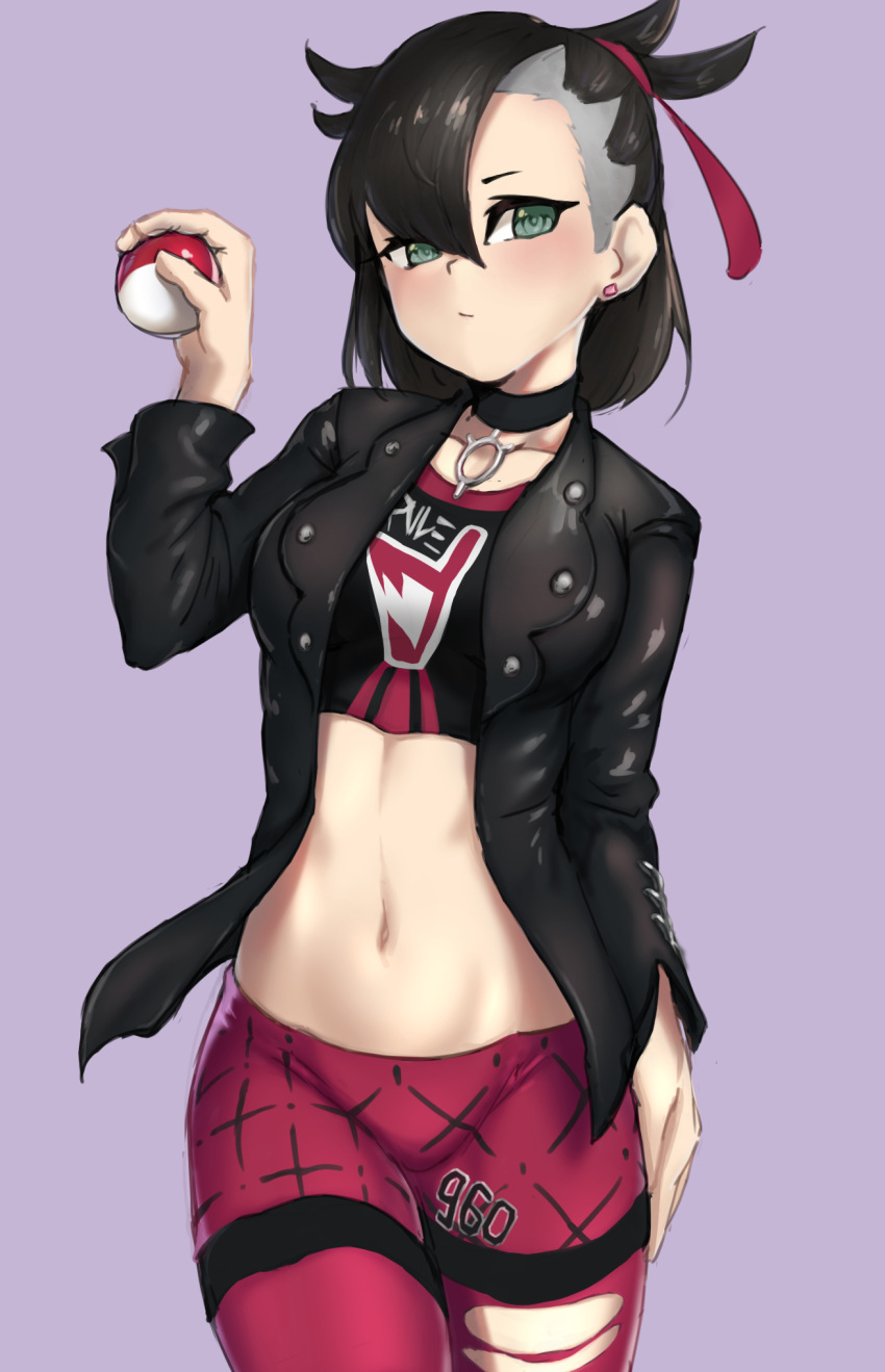1girl asymmetrical_bangs asymmetrical_hair bangs black_choker black_hair black_jacket black_shirt blush choker closed_mouth commentary cowboy_shot crop_top earrings green_eyes guchi_(tako_undead) hair_ribbon highres holding holding_poke_ball jacket jewelry light_frown looking_at_viewer mary_(pokemon) midriff navel open_clothes open_jacket pantyhose pendant pink_legwear pink_shorts poke_ball poke_ball_(generic) pokemon pokemon_(game) pokemon_swsh print_shirt print_shorts purple_background red_ribbon ribbon shirt shorts simple_background solo standing team_yell torn_clothes torn_legwear twintails undercut