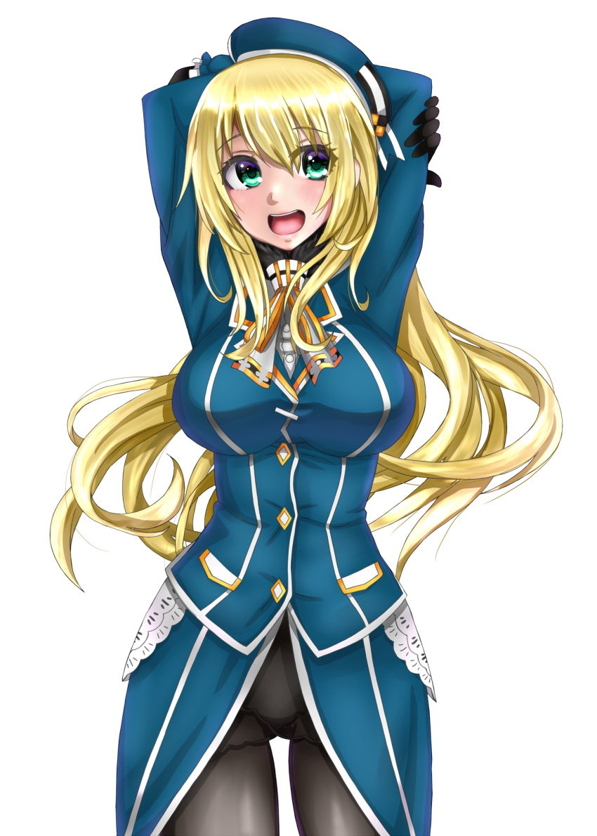 1girl arms_up atago_(kantai_collection) beret bickle_(bickle1983) black_gloves black_legwear blonde_hair blue_headwear breasts cowboy_shot gloves green_eyes hat highres kantai_collection large_breasts long_hair military military_uniform open_mouth pantyhose simple_background skirt uniform white_background