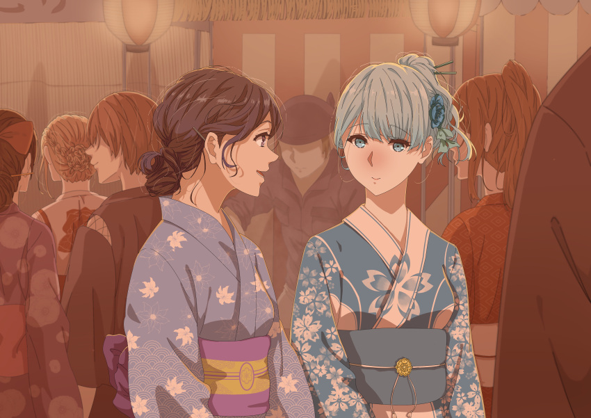 5girls absurdres bandana blue_kimono braid brown_hair crowd floral_print flower furisode hair_bun hair_flower hair_ornament hair_stick hair_up hairclip highres japanese_clothes kimono lantern multiple_girls nanashi_ato original outdoors short_hair silver_hair standing