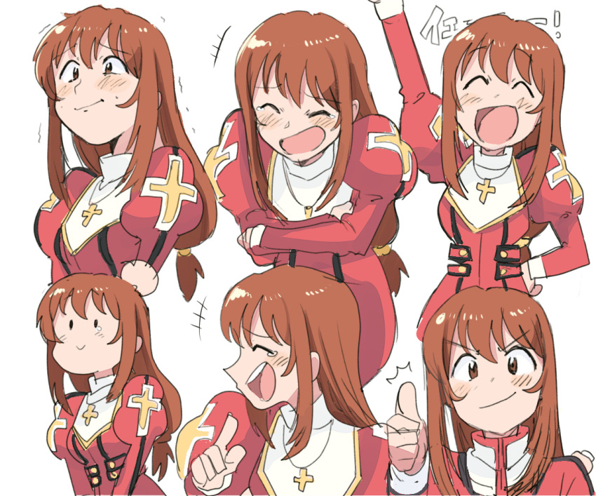 1girl ^_^ ^o^ blush brown_eyes brown_hair character_request closed_eyes closed_mouth copyright_request eyebrows_visible_through_hair jewelry laughing long_hair long_sleeves looking_at_viewer looking_away necklace open_mouth smile thumbs_up tsubobot upper_body