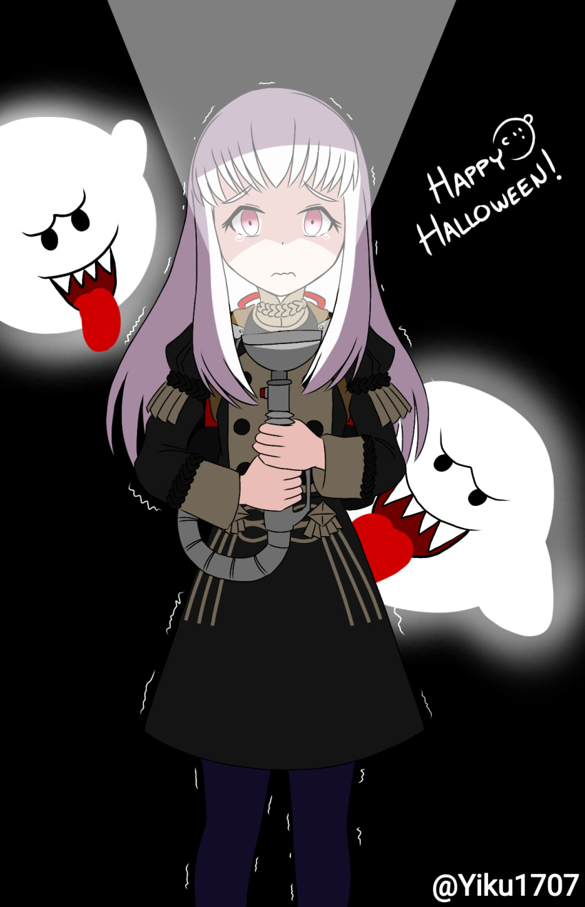 1girl 2019 angry artist_name black_background boo boo_(mario) closed_mouth crossover fangs fire_emblem fire_emblem:_three_houses fire_emblem:_three_houses flashlight garreg_mach_monastery_uniform ghost halloween human intelligent_systems koei_tecmo light loli long_hair luigi's_mansion luigi's_mansion_3 lysithea_von_ordelia super_mario_bros. next_level_games nintendo nintendo_ead open_mouth parody scared school_uniform smile sora_(company) super_smash_bros. tearing_up tears tongue_out video_game_console_connection violet_eyes white_hair year_connection yiku1707