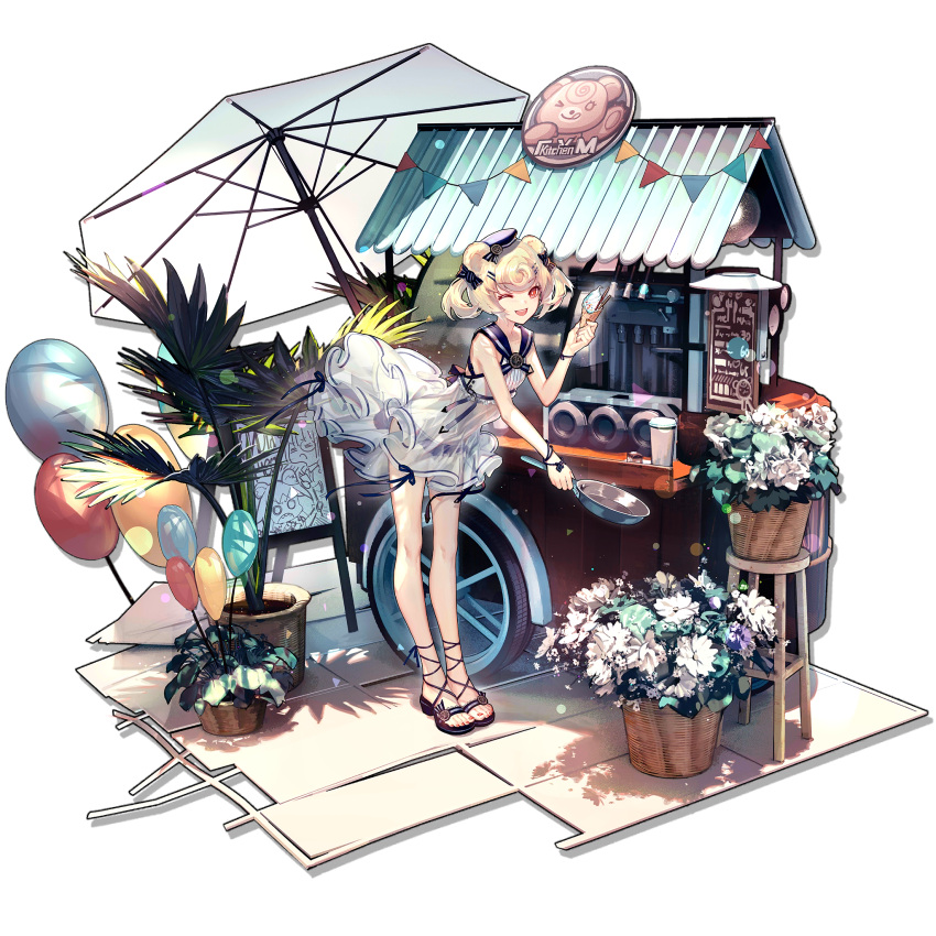 animal_ears arknights balloon bear_ears blonde_hair cart feet flower food frying_pan gum_(arknights) hair_ribbon hat highres ice_cream nail_polish one_eye_closed pale_skin ribbon ribbon_trim sailor_hat sandals skade smile strappy_heels swimsuit toes translucent twintails zima_(arknights)