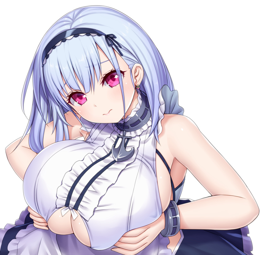 1girl 3: anchor_choker apron asamura_hiori azur_lane bangs bare_shoulders blush bracelet breast_squeeze breasts center_frills choker commentary_request dido_(azur_lane) dress earrings eyebrows_visible_through_hair frilled_apron frilled_choker frills head_tilt highres huge_breasts jewelry lace-trimmed_hairband long_hair maid maid_apron silver_hair simple_background sleeveless sleeveless_dress solo under_boob underboob_cutout upper_body violet_eyes waist_apron white_apron white_background